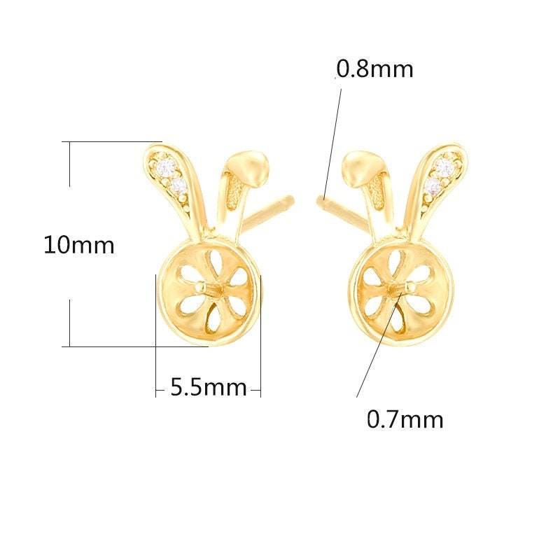 Bunny Round Pin Base Earrings Stud Setting Bezel Sterling Silver Rose Gold Fine 925 6x6mm For One Pearl Bead No Prongs DIY Jewelry Wholesale