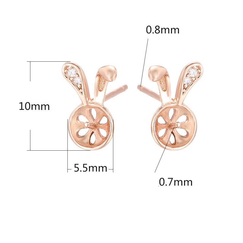 Bunny Round Pin Base Earrings Stud Setting Bezel Sterling Silver Rose Gold Fine 925 6x6mm For One Pearl Bead No Prongs DIY Jewelry Wholesale