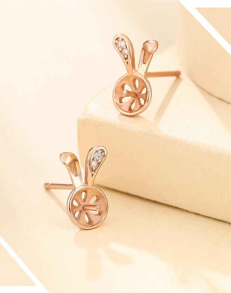 Bunny Round Pin Base Earrings Stud Setting Bezel Sterling Silver Rose Gold Fine 925 6x6mm For One Pearl Bead No Prongs DIY Jewelry Wholesale