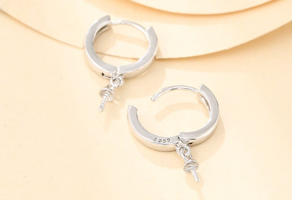 Round Pin Latch Hinged Hoop Earrings Setting Bezel Sterling Silver Gold Fine 925 6-10mm For One Pearl Bead No Prongs DIY Jewelry Wholesale