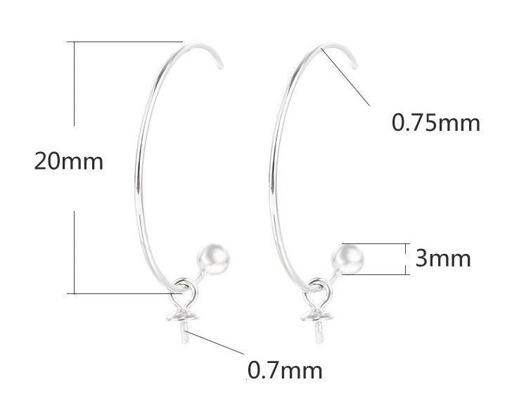 Semicircle Pin Base Earrings Hook Setting Sterling Silver White Gold Fine 925 6-10mm For One Pearl Bead No Prongs DIY Jewelry Wholesale