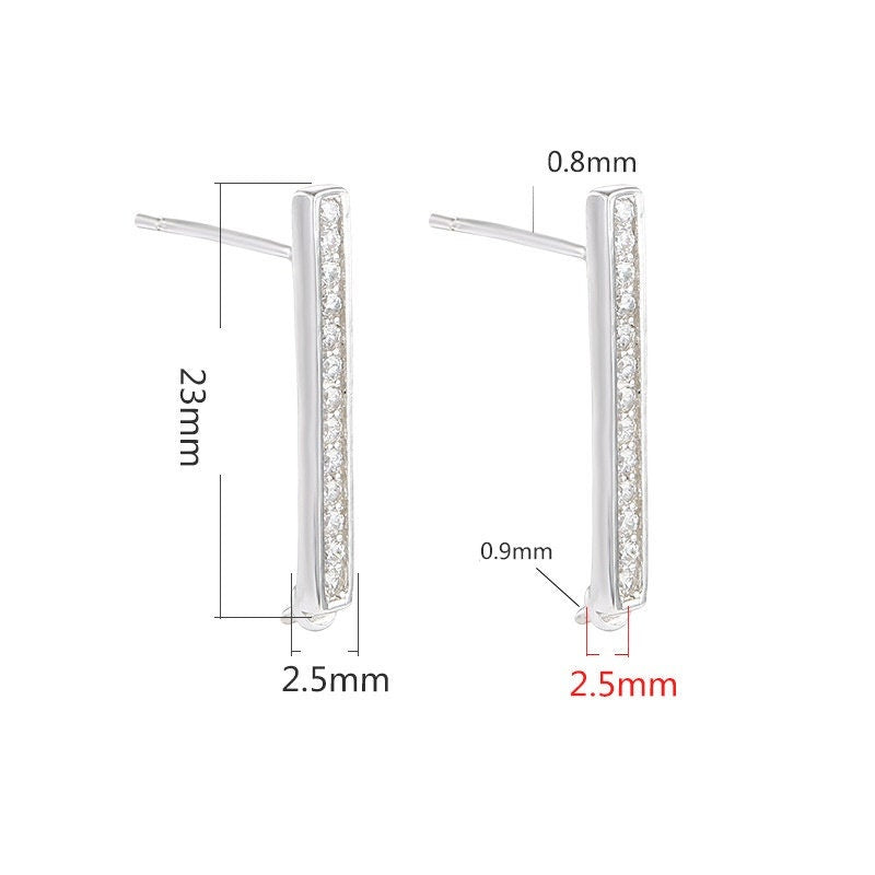 Crystals Strip Pin Base Earrings Stud Setting Sterling Silver White Gold Fine 925 2.5x23mm For One Pearl No Prongs DIY Jewelry Wholesale