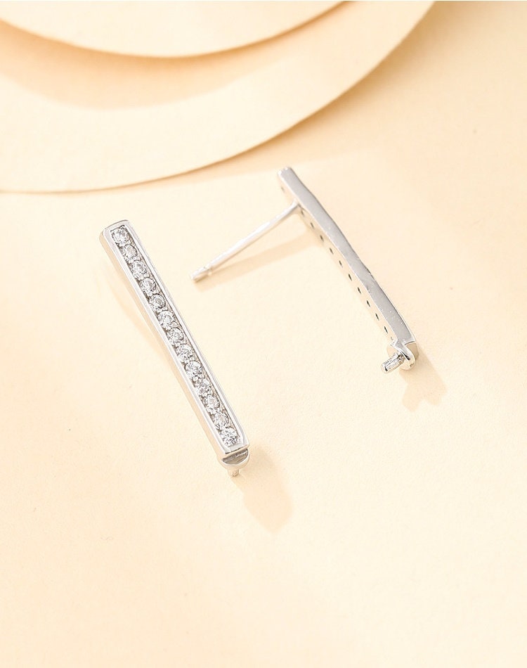 Crystals Strip Pin Base Earrings Stud Setting Sterling Silver White Gold Fine 925 2.5x23mm For One Pearl No Prongs DIY Jewelry Wholesale