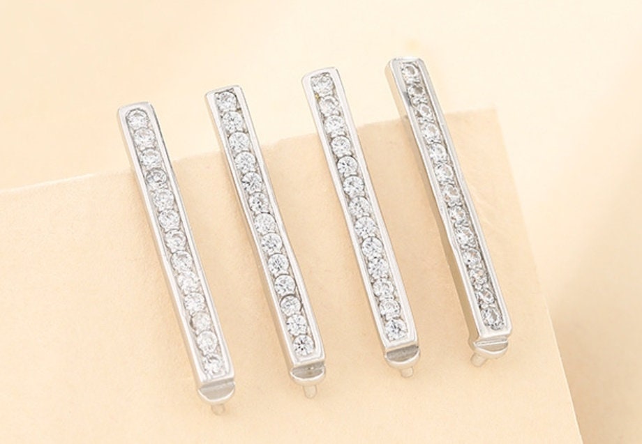 Crystals Strip Pin Base Earrings Stud Setting Sterling Silver White Gold Fine 925 2.5x23mm For One Pearl No Prongs DIY Jewelry Wholesale