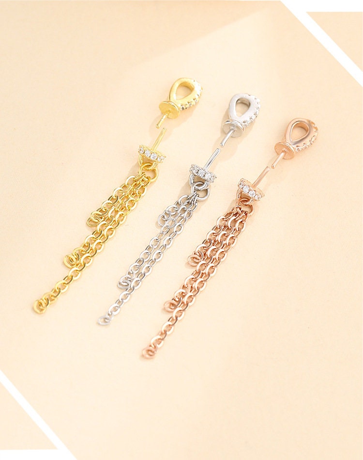 Crystal Chain Tassel Double Pin Cap Pendant Setting 925 Sterling Silver CZ Rose Gold 8-12mm For One Pearl Top Drilled DIY Jewelry Wholesale