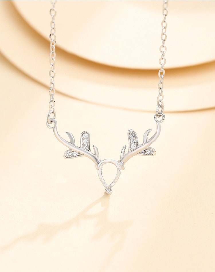 Deer Antlers Teardrop Pendant Setting Bezel Sterling Silver White Gold Fine 925 3x5mm 5x7mm For One Stone Three Prongs DIY Jewelry Wholesale