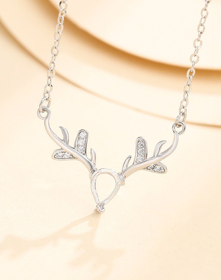 Deer Antlers Teardrop Pendant Setting Bezel Sterling Silver White Gold Fine 925 3x5mm 5x7mm For One Stone Three Prongs DIY Jewelry Wholesale