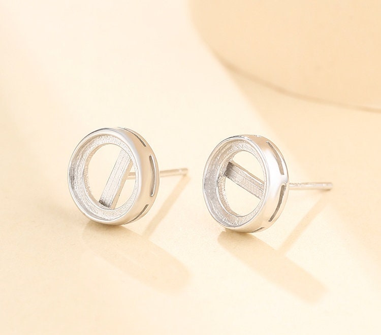 Simple Round Base Stud Earrings Setting Sterling Silver White Gold Fine 925 5-10mm For One Stone Gemstone No Prongs DIY Jewelry Wholesale