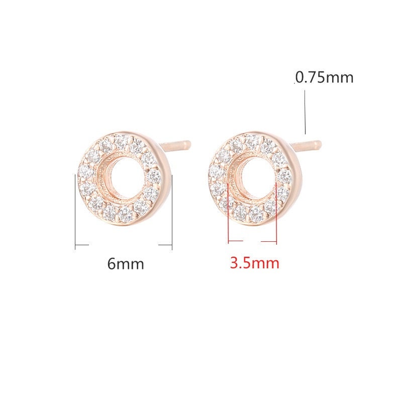 Crystals Round Base Stud Earrings Setting Wholesale Sterling Silver Rose Gold Fine 925 3.5mm For One Stone Gemstone No Prongs DIY Jewelry