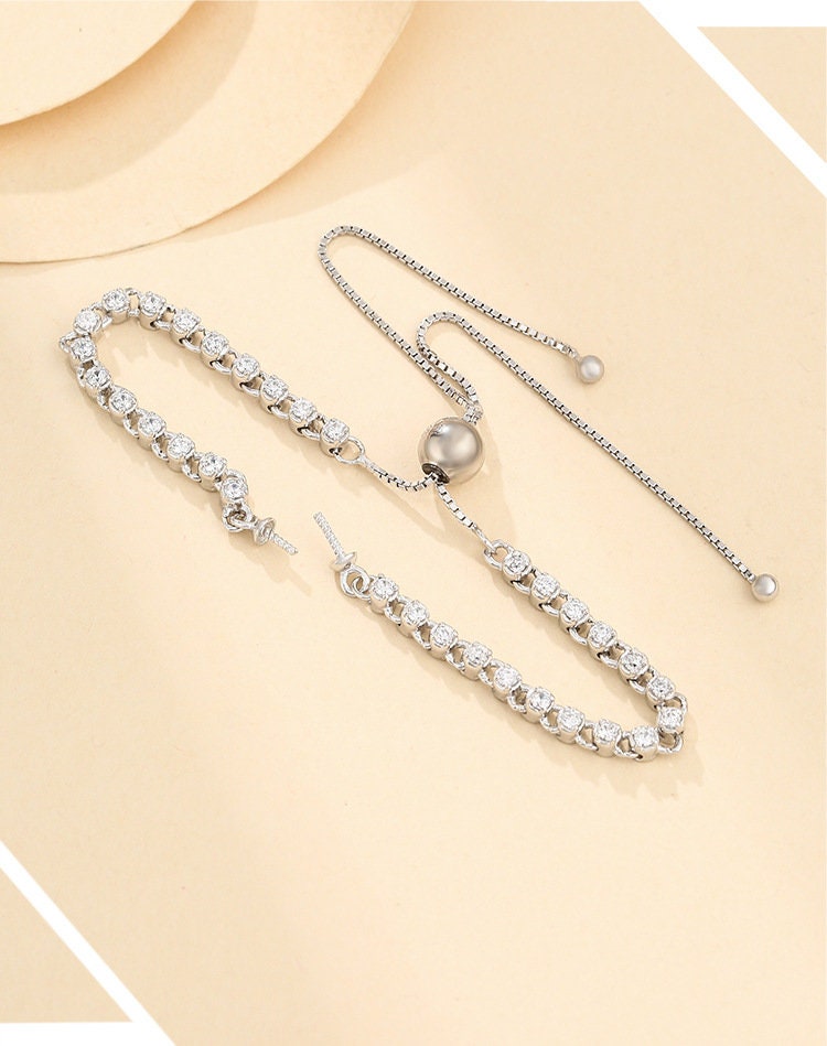 Crystals Pin Chain Bracelet Setting Sterling Silver Rose Gold Fine 925 6-10mm For One Pearl Bead Adjustable Bulk Tray DIY Jewelry Wholesale