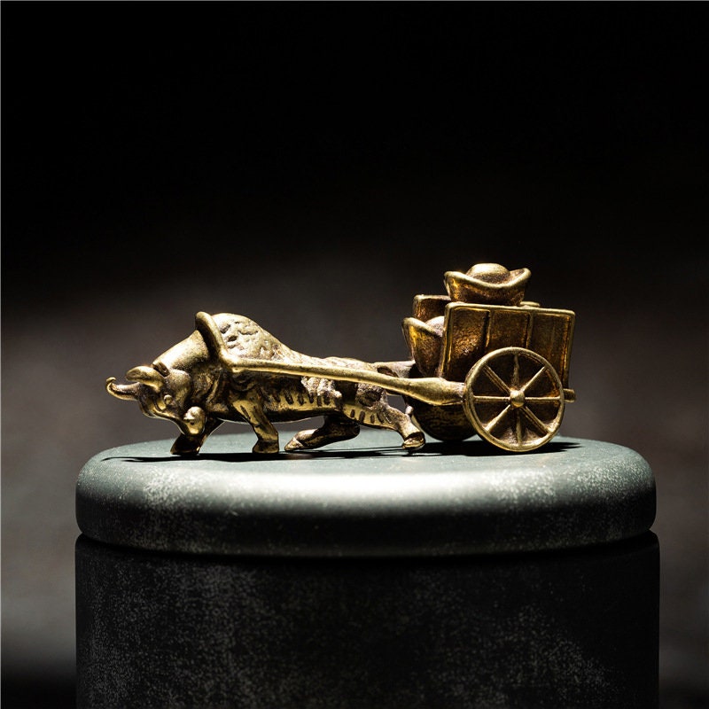 Solid Brass Old Bull Сart Zodiac Mini Figurine Concho Pendant Charm Decor Miniature Figure Keyfob Antique Color Accessories For DIY Handmade