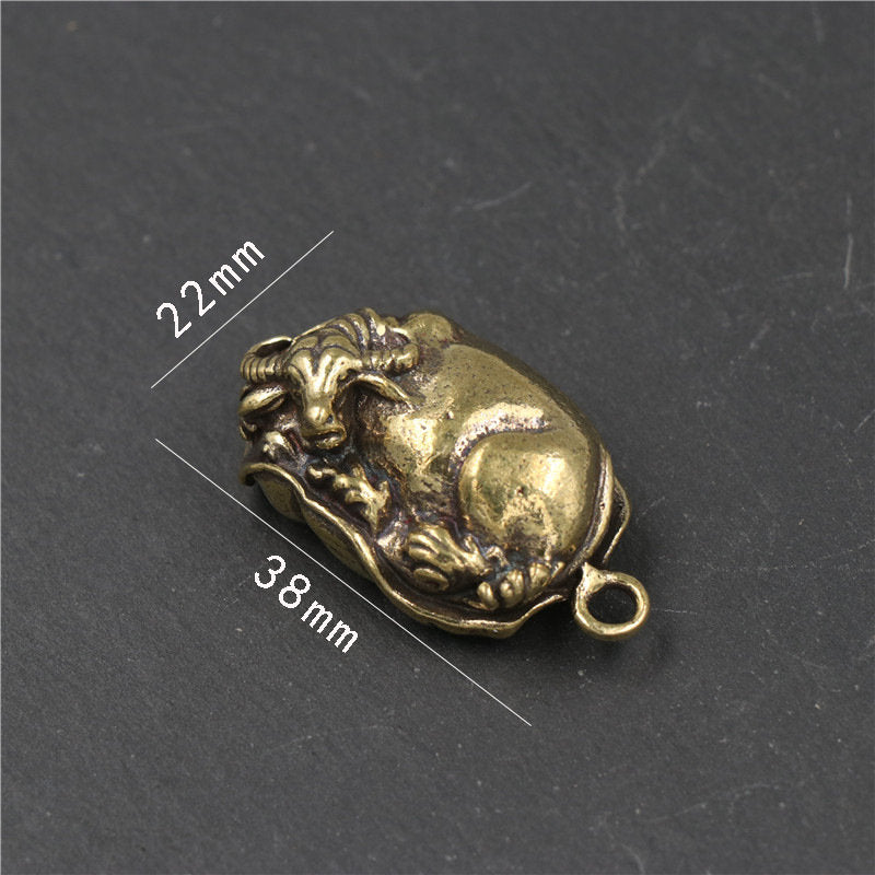 Solid Brass Old Lotus Cow Zodiac Mini Figurine Concho Pendant Charm Decor Miniature Figure Keyfob Antique Color Accessories For DIY Handmade