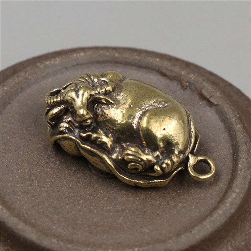 Solid Brass Old Lotus Cow Zodiac Mini Figurine Concho Pendant Charm Decor Miniature Figure Keyfob Antique Color Accessories For DIY Handmade