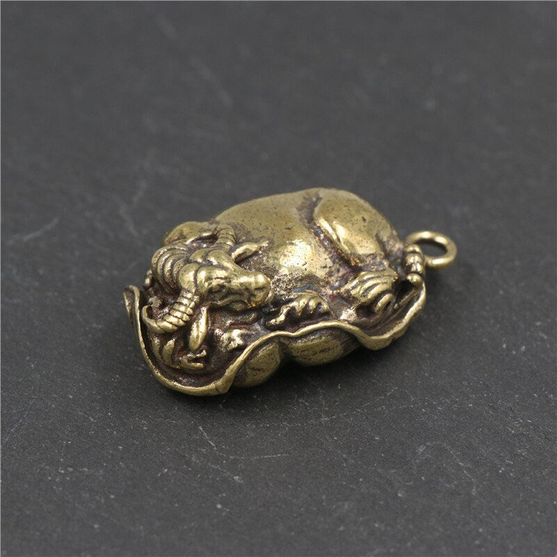 Solid Brass Old Lotus Cow Zodiac Mini Figurine Concho Pendant Charm Decor Miniature Figure Keyfob Antique Color Accessories For DIY Handmade