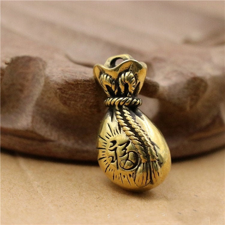 Solid Brass Old Lucky Bag Money Mini Figurine Concho Pendant Charm Decor Miniature Figure Keyfob Antique Color Accessories For DIY Handmade