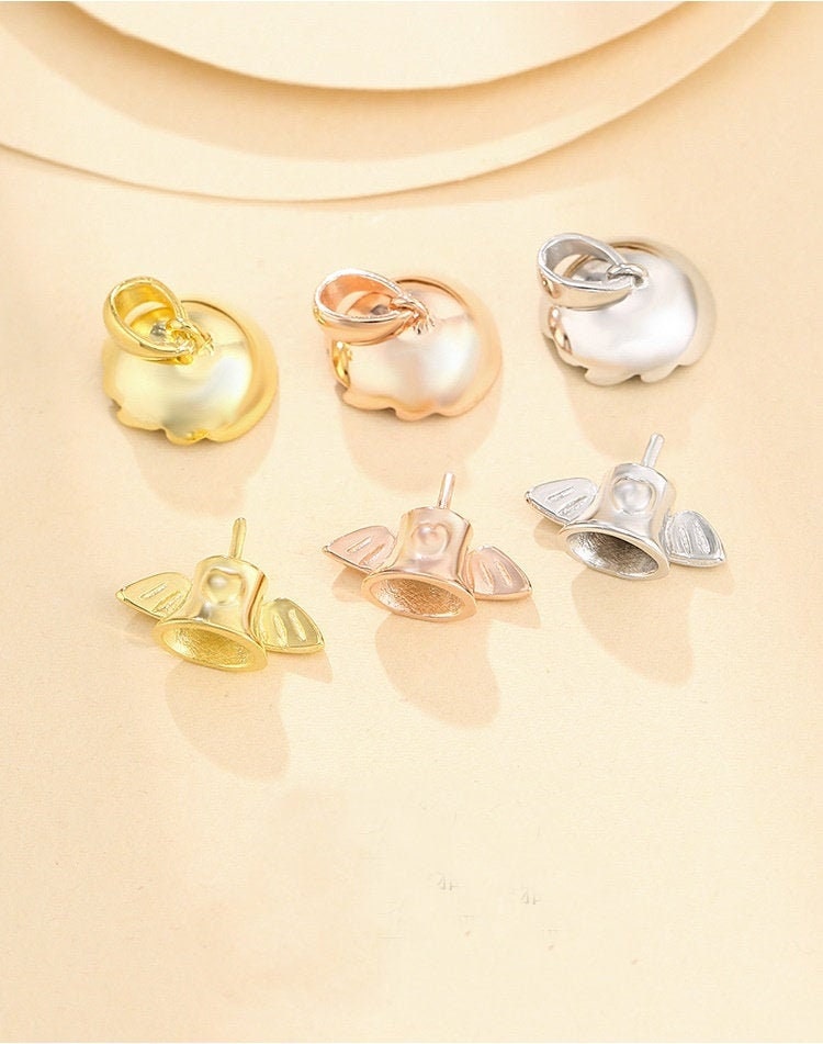 Angel Wings Pin Base Pendant Setting Sterling Silver Rose Gold Fine 925 10-12mm For One Pearl Bead No Prongs DIY Jewelry Wholesale