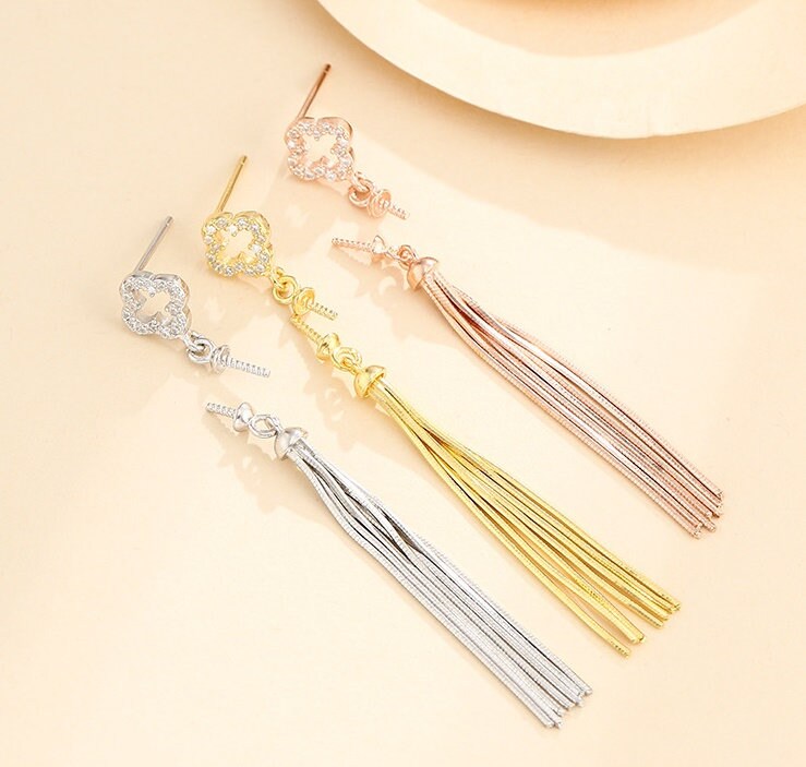 Tassel Chain Pin Cup Earrings Stud Setting Sterling Silver Rose Gold Fine 925 6-10mm For One Pearl Bead No Prongs DIY Jewelry Wholesale