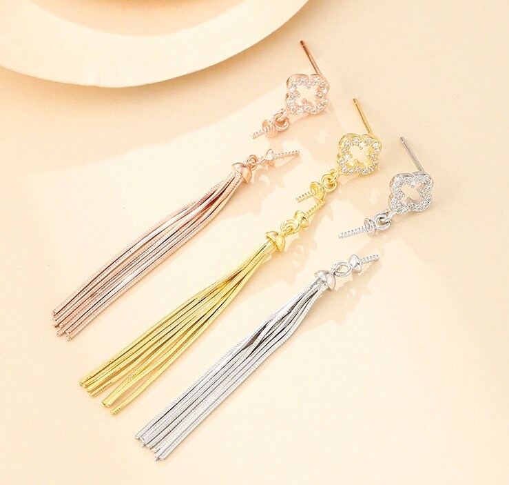 Tassel Chain Pin Cup Earrings Stud Setting Sterling Silver Rose Gold Fine 925 6-10mm For One Pearl Bead No Prongs DIY Jewelry Wholesale