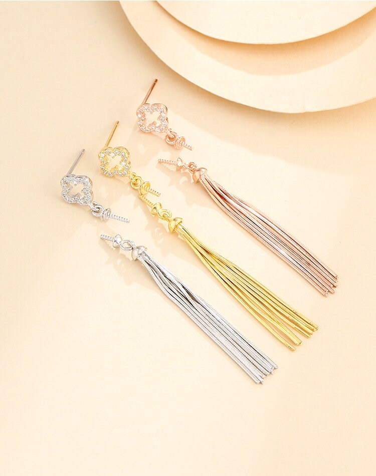 Tassel Chain Pin Cup Earrings Stud Setting Sterling Silver Rose Gold Fine 925 6-10mm For One Pearl Bead No Prongs DIY Jewelry Wholesale