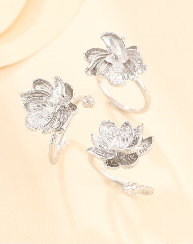 Ring Blank Setting 1pc Sterling Silver 925 Lotus Flower Pin Base White Gold Fine 6-10mm For One Pearl Bead Adjustable No Prongs Wholesale