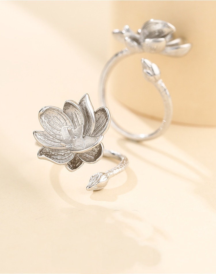 Ring Blank Setting 1pc Sterling Silver 925 Lotus Flower Pin Base White Gold Fine 6-10mm For One Pearl Bead Adjustable No Prongs Wholesale