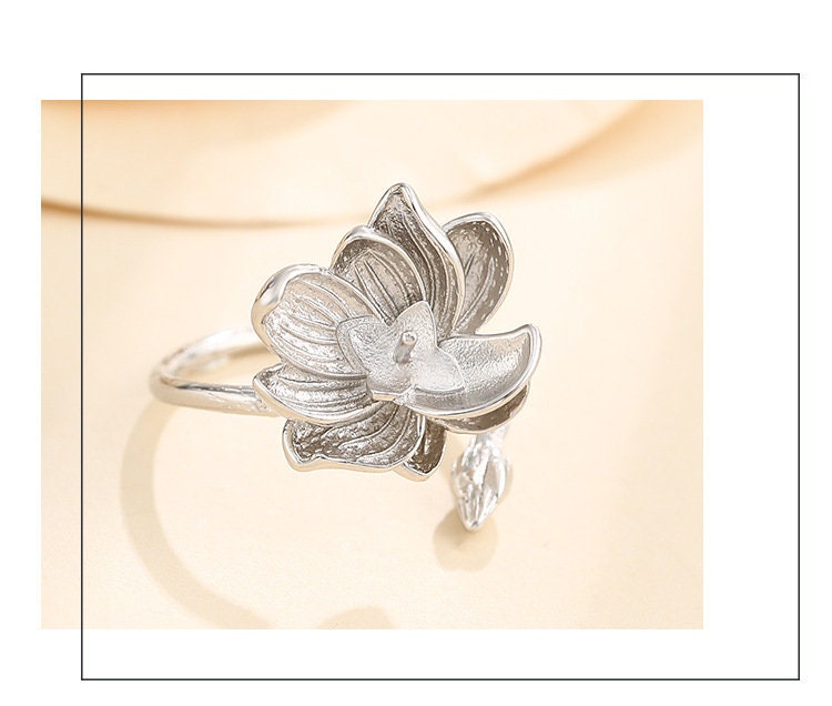 Ring Blank Setting 1pc Sterling Silver 925 Lotus Flower Pin Base White Gold Fine 6-10mm For One Pearl Bead Adjustable No Prongs Wholesale