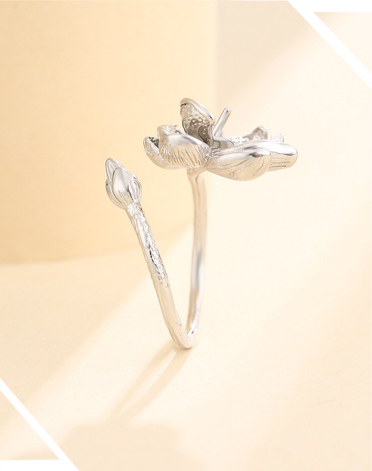 Ring Blank Setting 1pc Sterling Silver 925 Lotus Flower Pin Base White Gold Fine 6-10mm For One Pearl Bead Adjustable No Prongs Wholesale