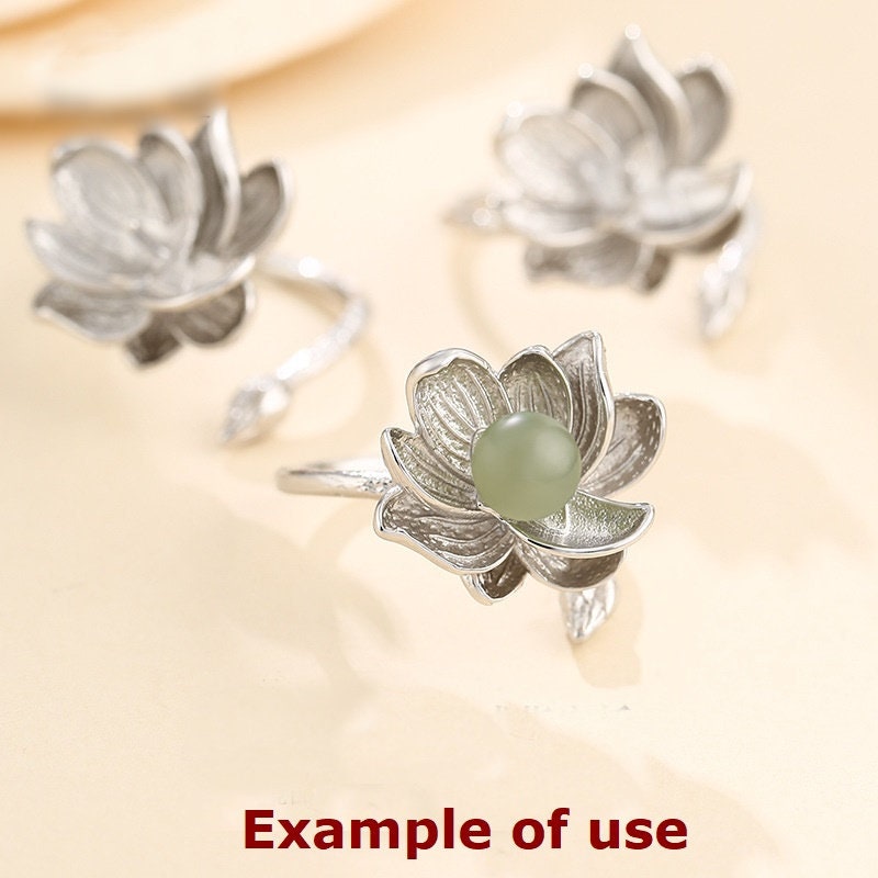 Ring Blank Setting 1pc Sterling Silver 925 Lotus Flower Pin Base White Gold Fine 6-10mm For One Pearl Bead Adjustable No Prongs Wholesale