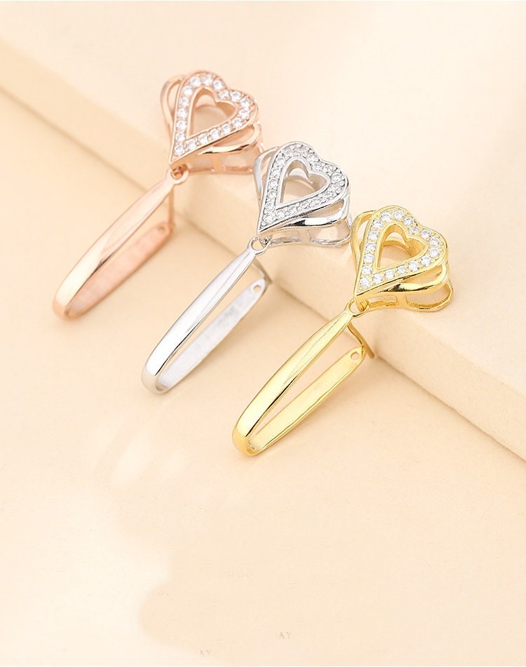 Crystals Heart Buckle Clip Pendant Setting Sterling Silver Rose Gold Fine 925 9x15mm For One Donut Bead No Prongs DIY Jewelry Wholesale