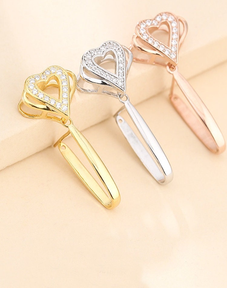 Crystals Heart Buckle Clip Pendant Setting Sterling Silver Rose Gold Fine 925 9x15mm For One Donut Bead No Prongs DIY Jewelry Wholesale