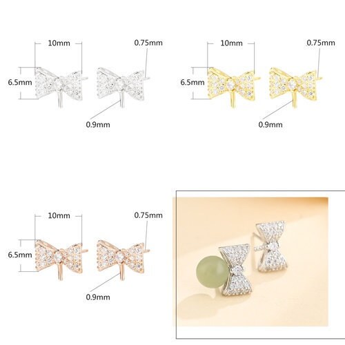 Crystals Bow-Knot Pin Stud Earrings Setting Sterling Silver Rose Gold Fine 925 4-8mm For One Pearl Bead No Prongs DIY Jewelry Wholesale