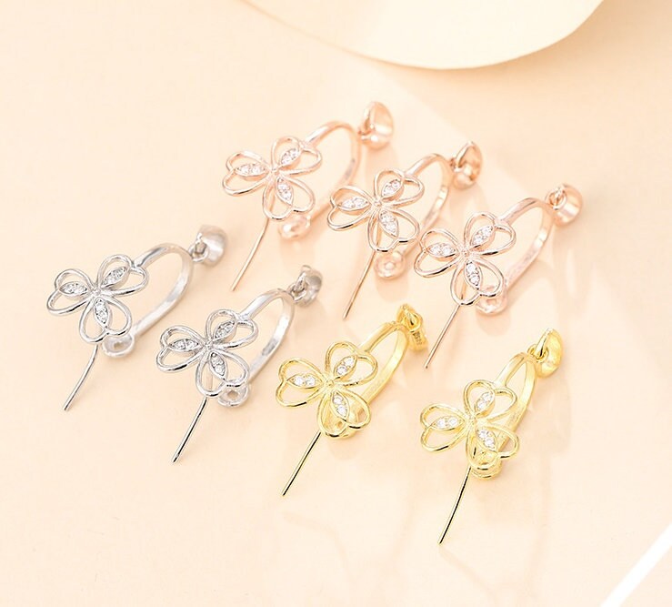 Crystals Flower Buckle Clip Pendant Setting Sterling Silver White Rose Gold Fine 925 12x12mm For One Bead No Prongs DIY Jewelry Wholesale