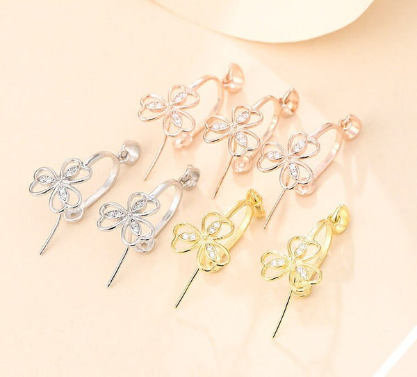 Crystals Flower Buckle Clip Pendant Setting Sterling Silver White Rose Gold Fine 925 12x12mm For One Bead No Prongs DIY Jewelry Wholesale