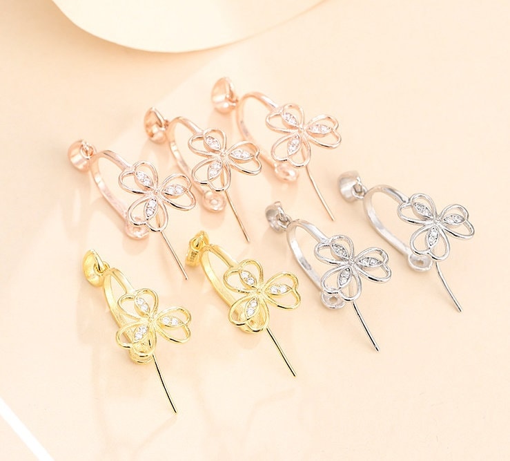 Crystals Flower Buckle Clip Pendant Setting Sterling Silver White Rose Gold Fine 925 12x12mm For One Bead No Prongs DIY Jewelry Wholesale