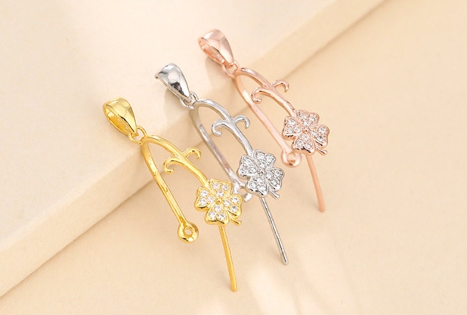 Crystals Flower Buckle Clip Pendant Setting Sterling Silver Rose Gold Fine 925 11x12.5mm For One Donut Bead No Prongs DIY Jewelry Wholesale