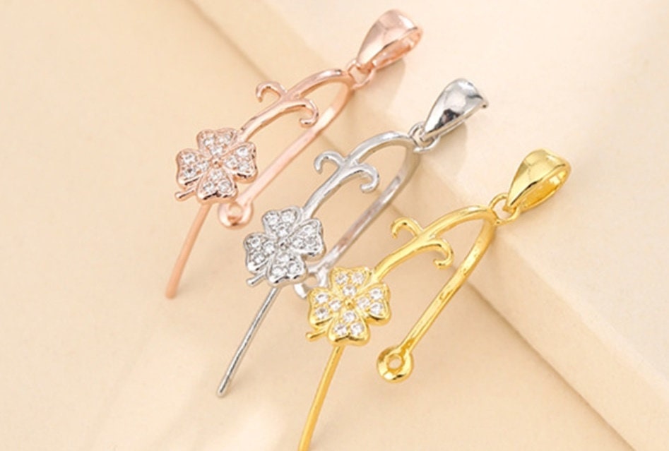 Crystals Flower Buckle Clip Pendant Setting Sterling Silver Rose Gold Fine 925 11x12.5mm For One Donut Bead No Prongs DIY Jewelry Wholesale