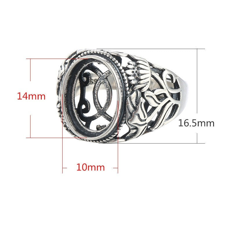 Ring Blank Setting 1pc Sterling Silver 925 Vintage Flower Pattern Oval Adjustable Fine 10x14mm For One Stone Gemstone No Prongs Wholesale