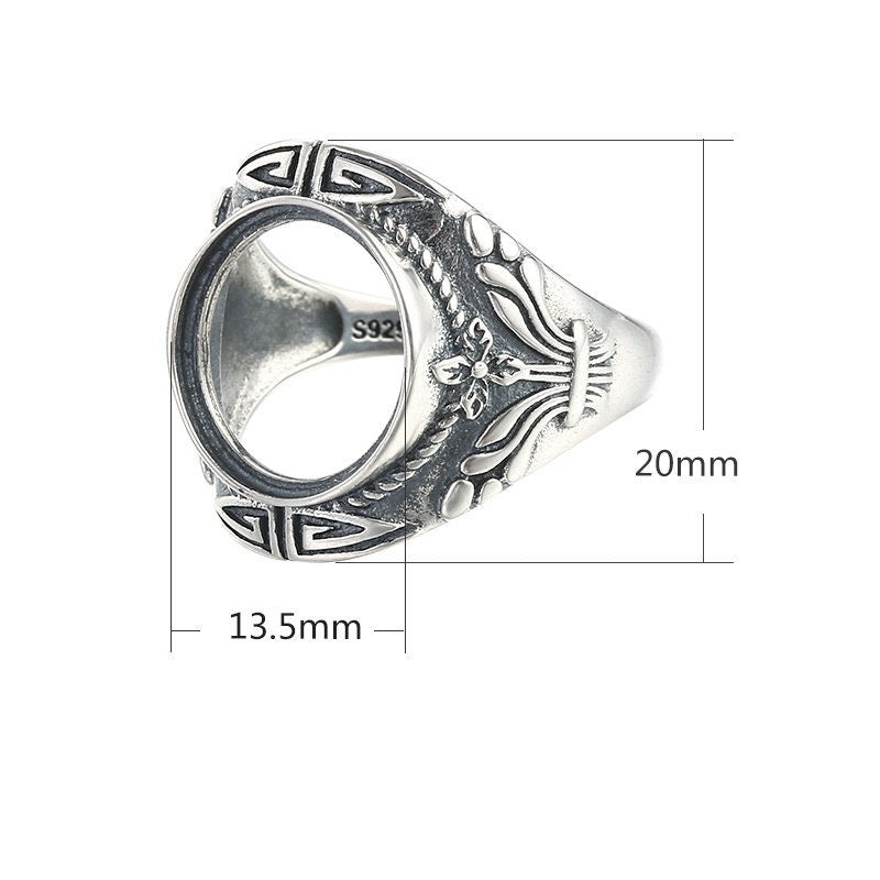 Ring Blank Setting 1pc Sterling Silver 925 Retro Round Base Fine 13.5x13.5mm For One Stone Gemstone Adjustable No Prongs Wholesale