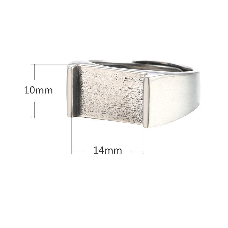 Ring Blank Setting 1pc Sterling Silver 925 Smooth Rectangle Base Retro Fine 10x14mm For One Stone Gemstone Adjustable No Prongs Wholesale