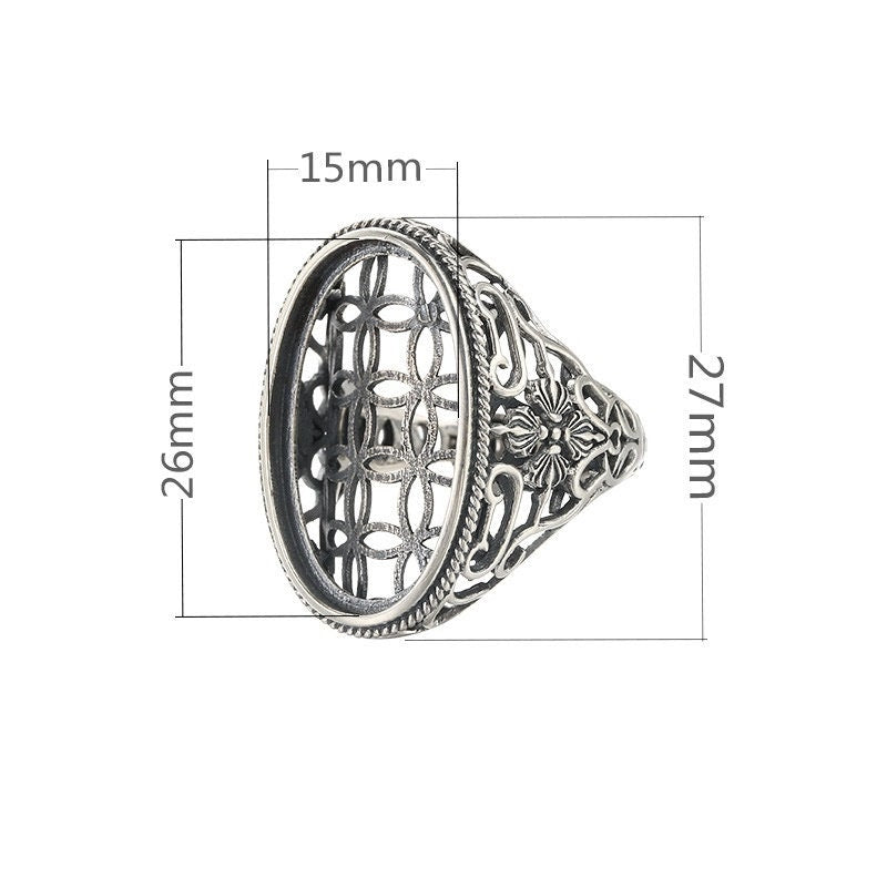 Ring Blank Setting 1pc Sterling Silver 925 Ethno Flower Oval Base Fine 15x26mm For One Stone Gemstone Adjustable No Prongs Wholesale