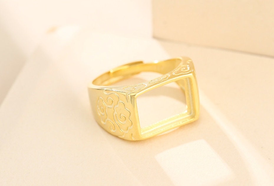 Ring Blank Setting 1pc Sterling Silver 925 Vintage Flower Pattern Rectangle Gold Fine 10-20mm For One Stone Adjustable No Prongs Wholesale