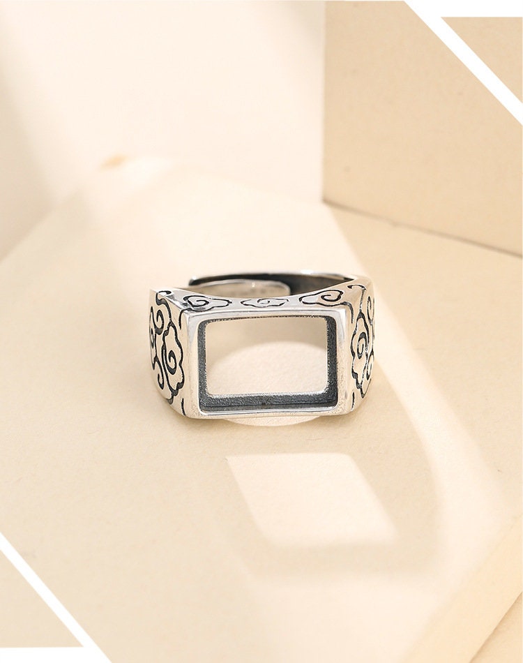 Ring Blank Setting 1pc Sterling Silver 925 Vintage Flower Pattern Rectangle Gold Fine 10-20mm For One Stone Adjustable No Prongs Wholesale