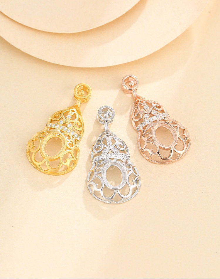 Openwork Pumpkin Oval Pendant Setting Sterling Silver Rose Gold Fine 925 6-10mm For One Stone Gemstone No Prongs DIY Jewelry Wholesale