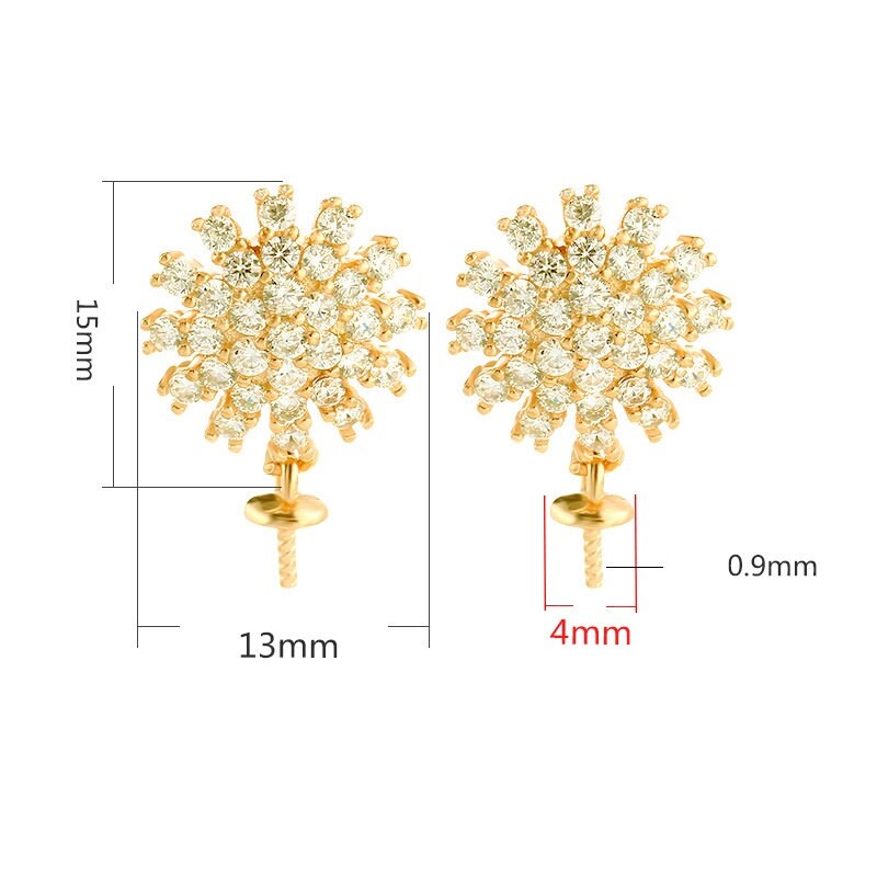 Crystals Snowflake Pin Cup Earrings Stud Setting Sterling Silver Gold Fine 925 13x15mm For One Pearl Bead No Prongs DIY Jewelry Wholesale