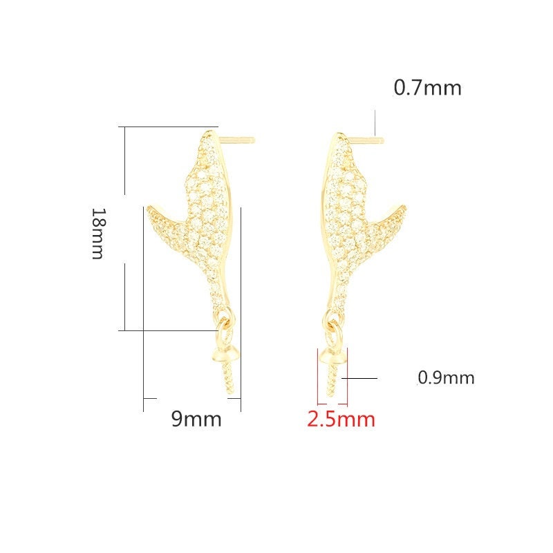 Crystals Fishtail Pin Earrings Stud Blank Setting Sterling Silver Gold Bezel Fine 925 9x18mm For One Pearl No Prongs DIY Jewelry Wholesale