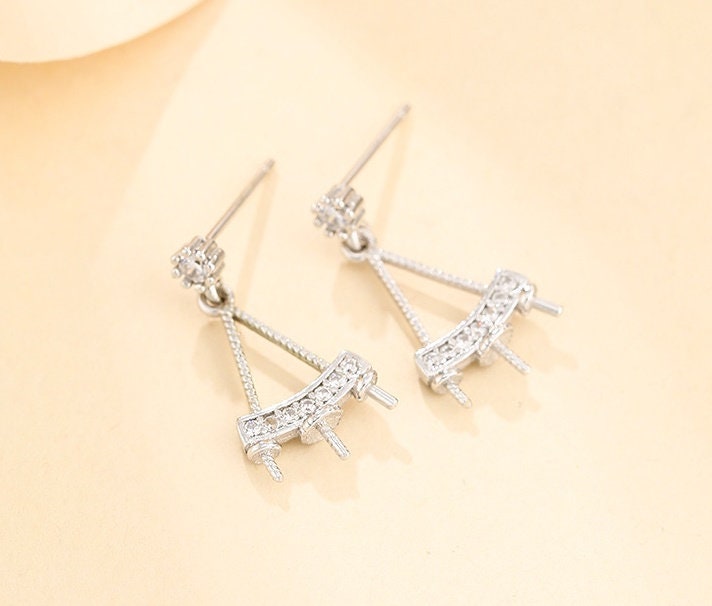 Triangle Crystals Earrings Stud Setting Sterling Silver Gold Bezel Fine 925 4x4mm For Tree Pearls Beads No Prongs DIY Jewelry Wholesale