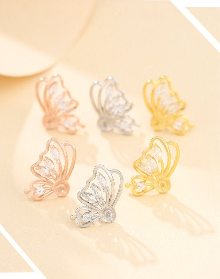 Butterfly Cup Pin Earrings Stud Blank Setting Sterling Silver Gold Bezel Fine 925 4-8mm For One Pearl Bead No Prongs DIY Jewelry Wholesale