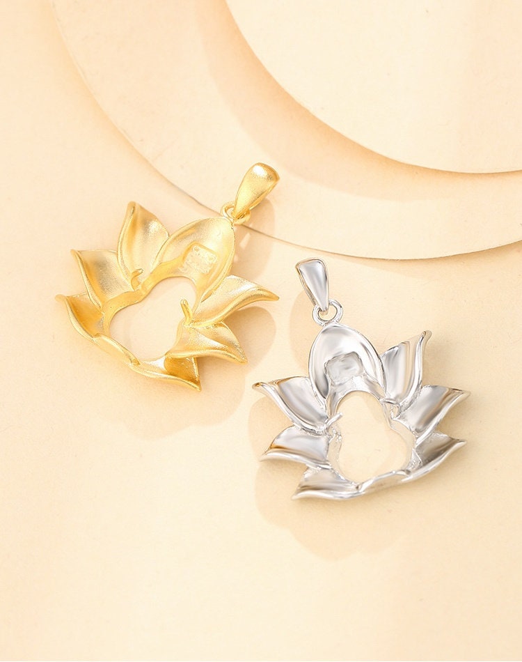 Buddhist Style Lotus Base Blank Bezel Pendant Two Prongs Setting Sterling Silver Gold Fine 925 6.5x15mm One Stone Gemstone DIY Jewelry