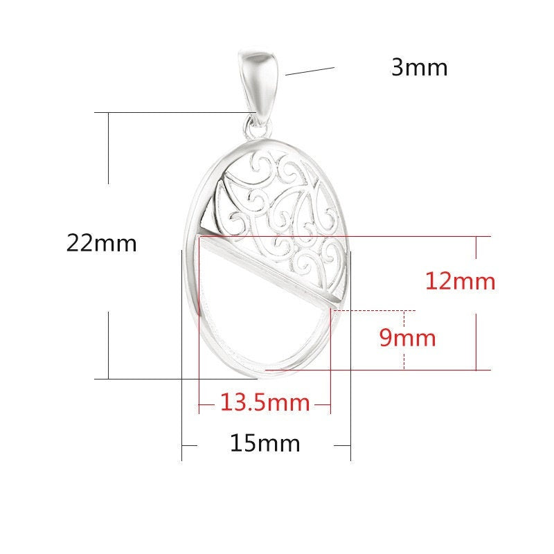 Openwork Semicircle Base Pendant Blank Setting Sterling Silver Rose Gold Fine 925 9x13.5mm For One Stone No Prongs DIY Jewelry Wholesale