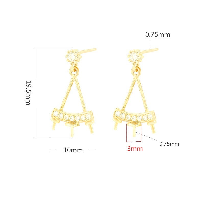 Triangle Crystals Earrings Stud Setting Sterling Silver Gold Bezel Fine 925 4x4mm For Tree Pearls Beads No Prongs DIY Jewelry Wholesale